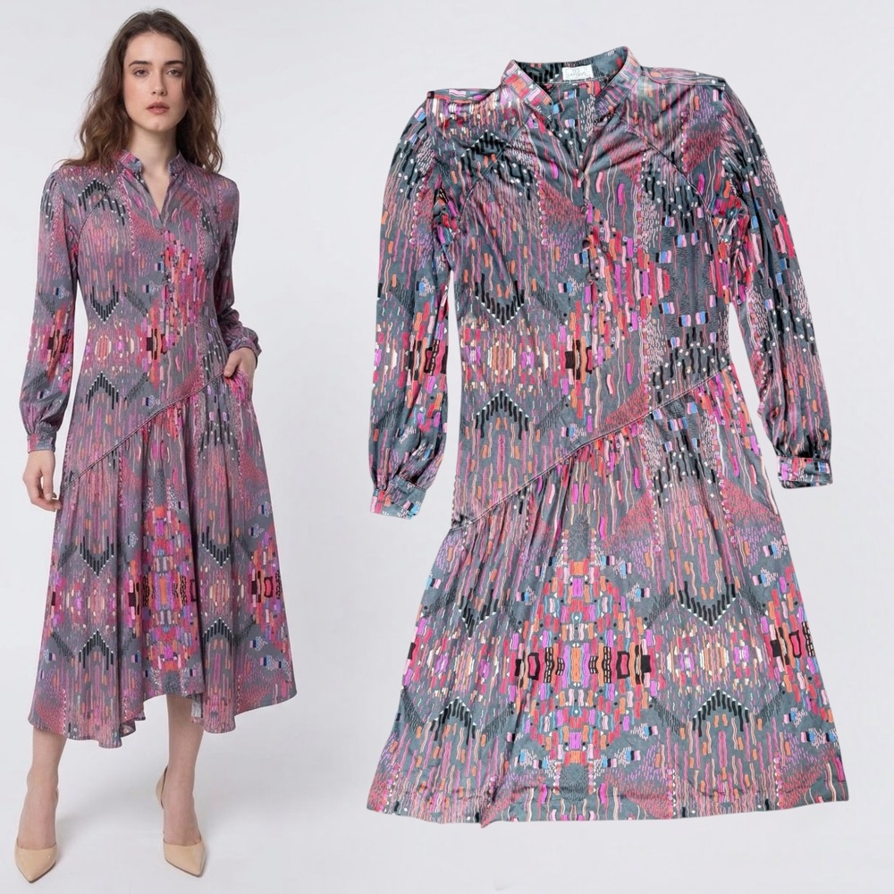 Ted Lapidus Paris Geometric Print Midi Dress Vintage 70s Multicolor Size 40